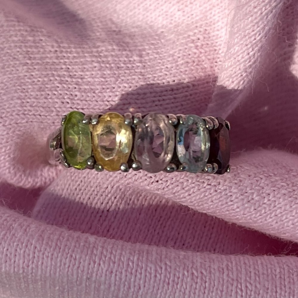 Sterling and Semi Precious Stone Rainbow Ring 6 - Picture 6 of 13